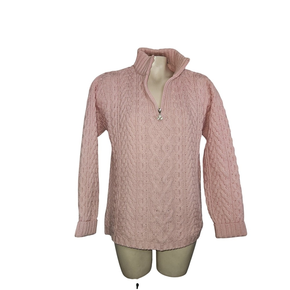 Aran Crafts Ireland Pink 100% Merino Wool Cable Knit Quarter Zip Sweater S